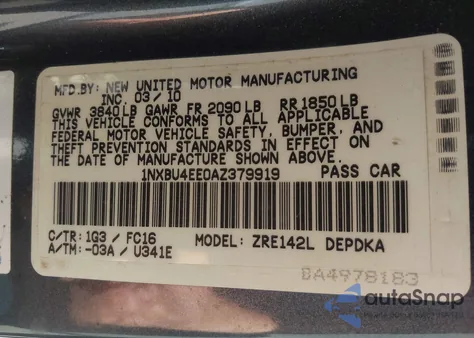 2010 Toyota Corolla Le из США, поврежденный, VIN 1NXBU4EE0AZ379919